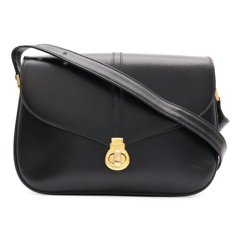 BALLY Flap Bag Turnlock Shoulder Leather Black